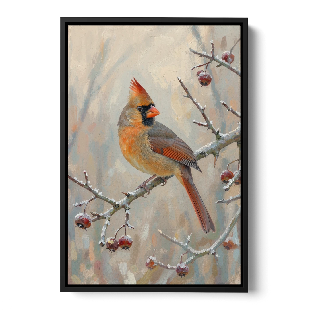 Winter Painting Canvas Cardinal on Frosted Hawthorn - Black Framed Canvas Wall Art - Front