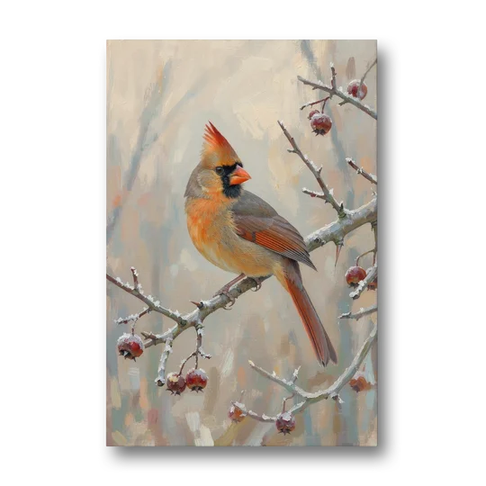 Winter Painting Canvas Cardinal on Frosted Hawthorn - Canvas Wall Art - Front