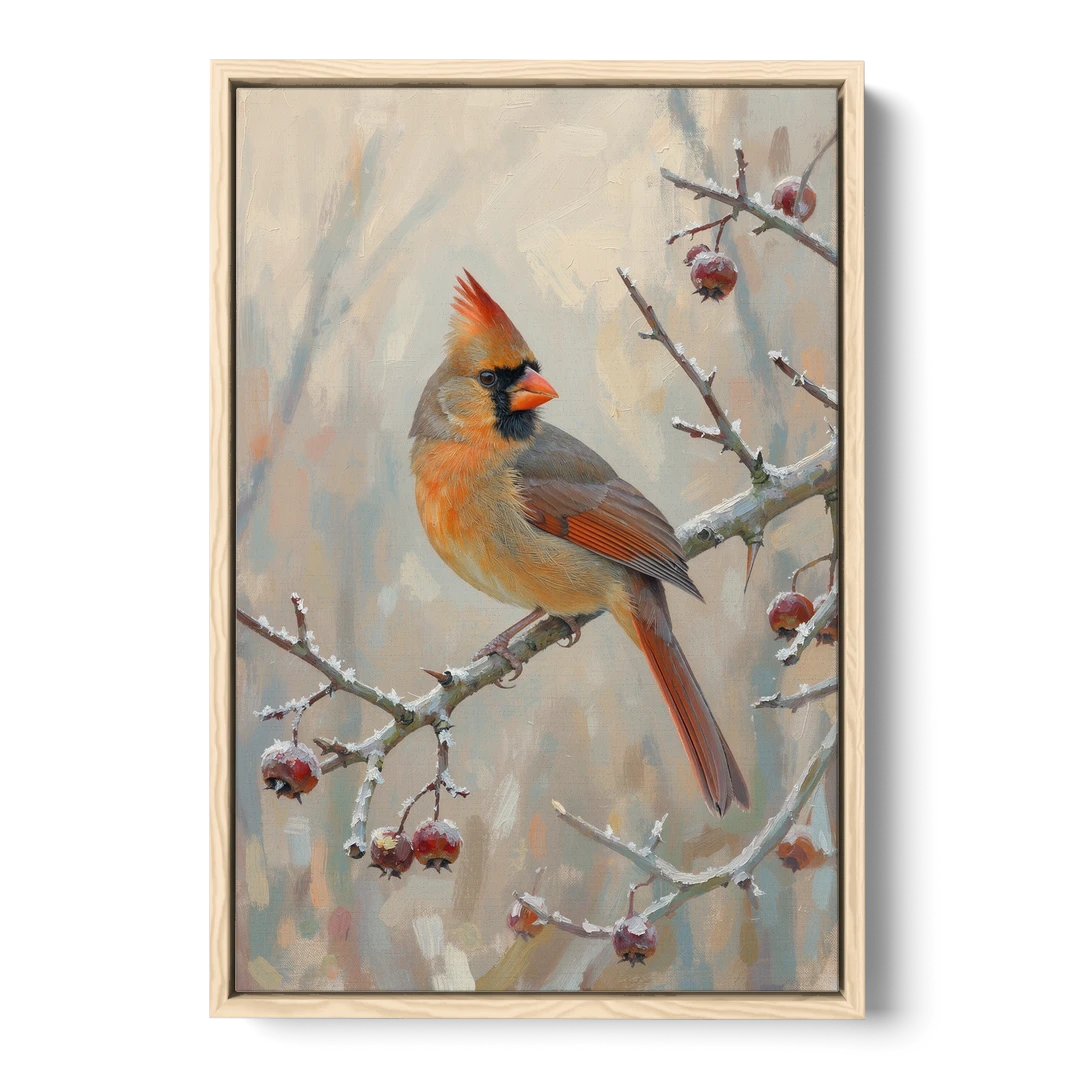 Winter Painting Canvas Cardinal on Frosted Hawthorn - Oak Framed Canvas Wall Art - Front