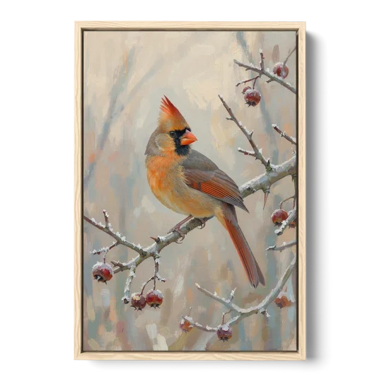 Winter Painting Canvas Cardinal on Frosted Hawthorn - Oak Framed Canvas Wall Art - Front