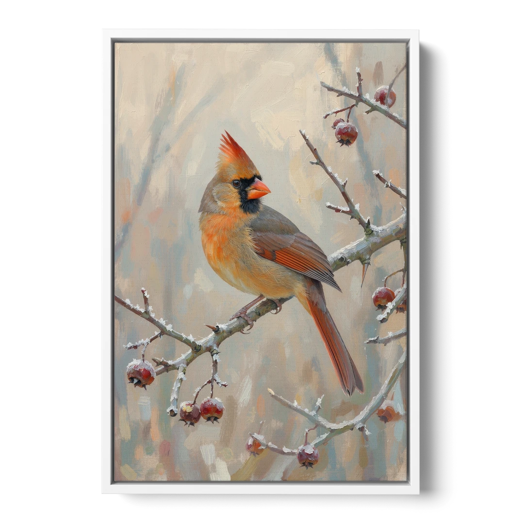 Winter Painting Canvas Cardinal on Frosted Hawthorn - White Framed Canvas Wall Art - Front