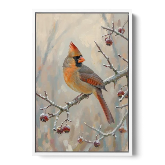 Winter Painting Canvas Cardinal on Frosted Hawthorn - White Framed Canvas Wall Art - Front