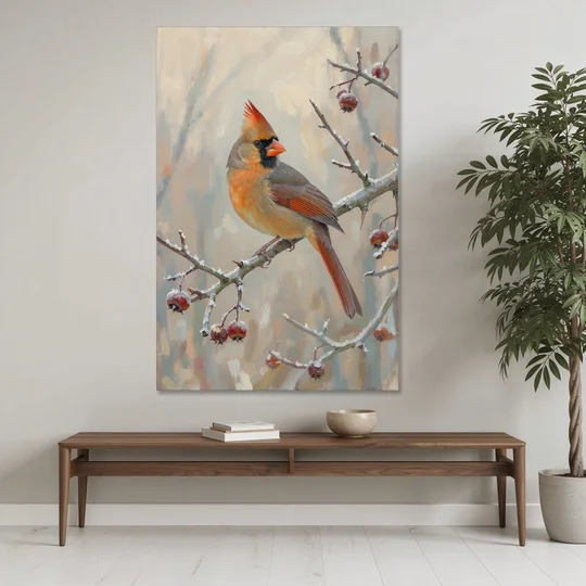 Winter Painting Canvas Cardinal on Frosted Hawthorn - Canvas Wall Art - Coffee Table - 40x60