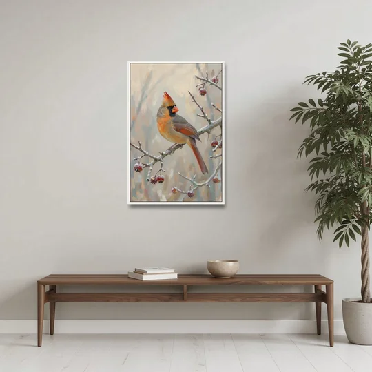 Winter Painting Canvas Cardinal on Frosted Hawthorn - White Framed Canvas Wall Art - Coffee Table - 24x36