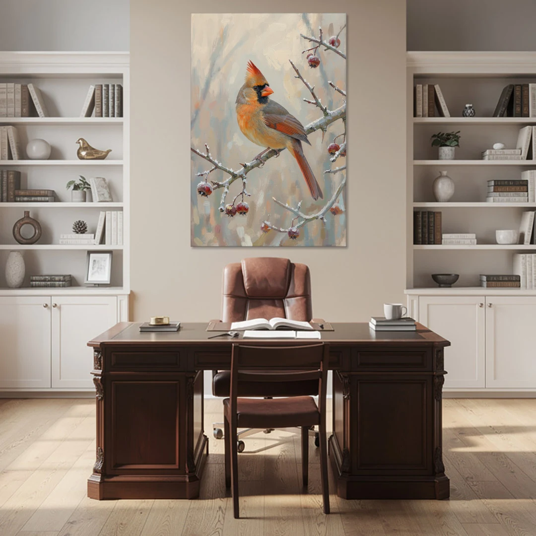 Winter Painting Canvas Cardinal on Frosted Hawthorn - Canvas Wall Art - Office - 40x60