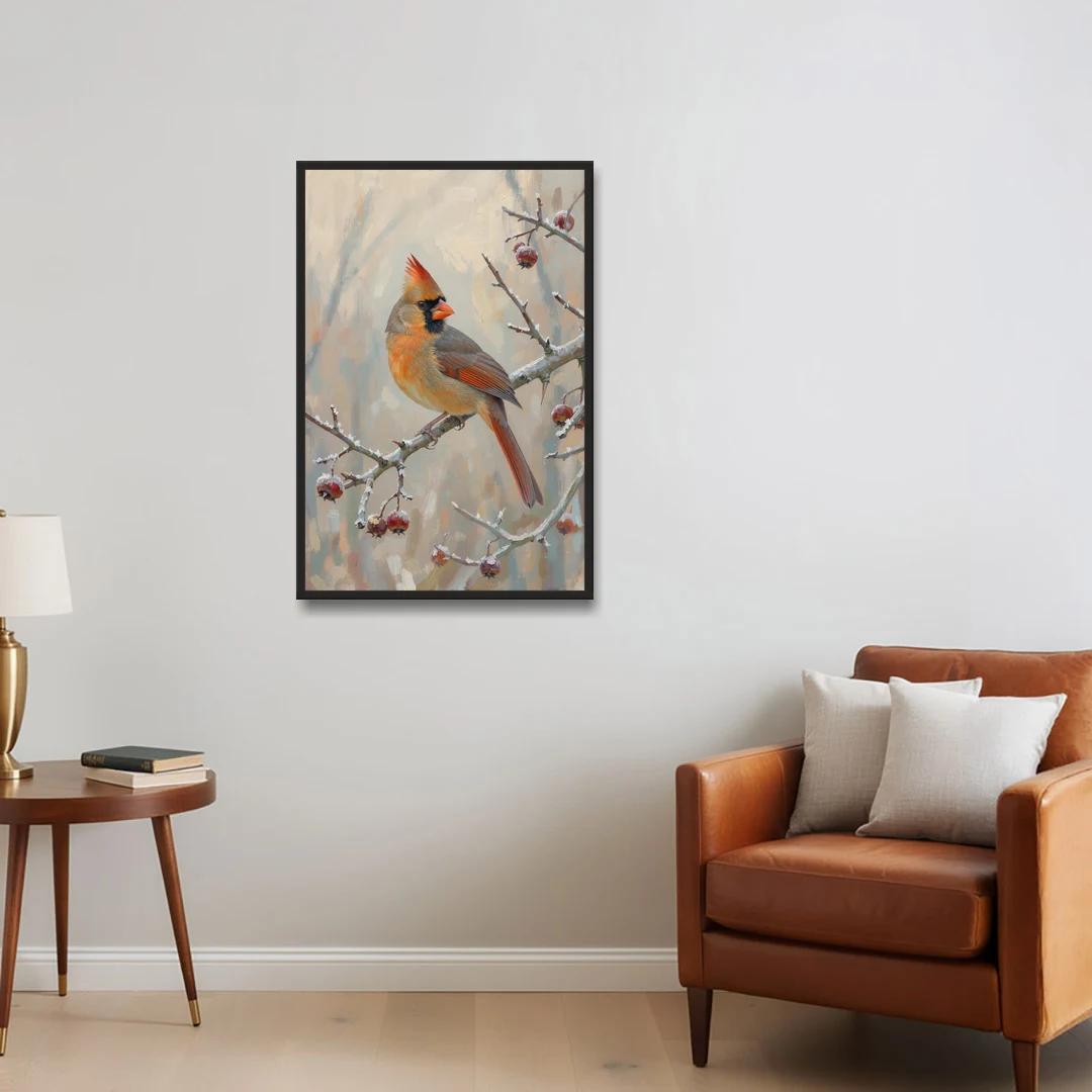 Winter Painting Canvas Cardinal on Frosted Hawthorn - Black Framed Canvas Wall Art - Sofa - 24x36