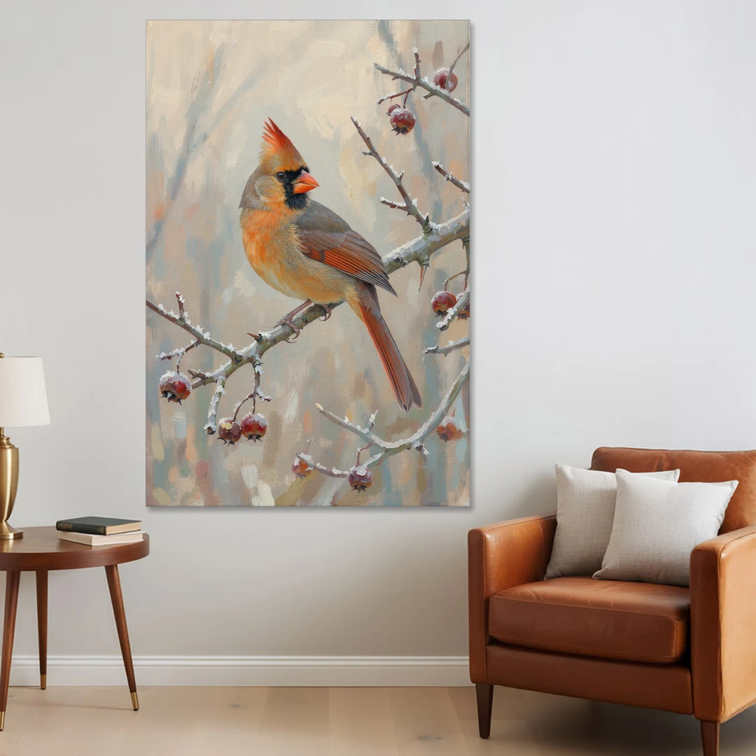 Winter Painting Canvas Cardinal on Frosted Hawthorn - Canvas Wall Art - Sofa - 40x60