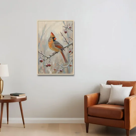 Winter Painting Canvas Cardinal on Frosted Hawthorn - Oak Framed Canvas Wall Art - Sofa - 24x36