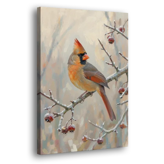 Winter Painting Canvas Cardinal on Frosted Hawthorn - Canvas Wall Art - Side
