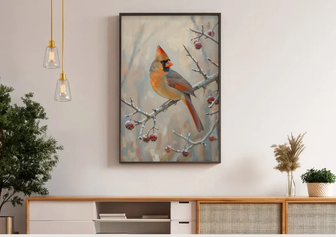 Winter Painting Canvas Cardinal on Frosted Hawthorn canvas wall art above a wooden sideboard under pendant lights