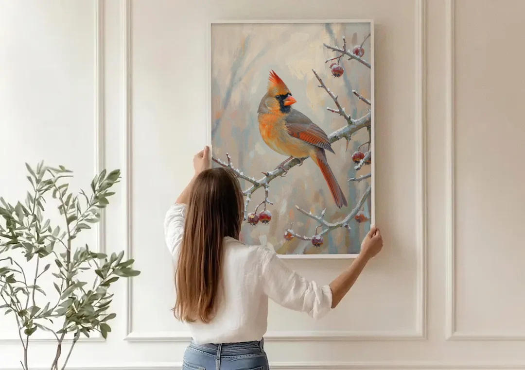 Winter Painting Canvas Cardinal on Frosted Hawthorn canvas wall art being hung on a paneled wall
