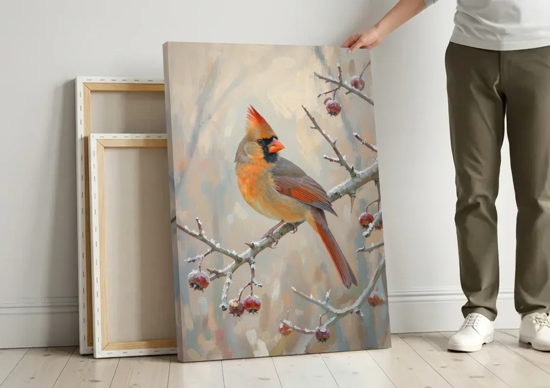 Winter Painting Canvas Cardinal on Frosted Hawthorn canvas wall art leaning against a wall next to blank canvases