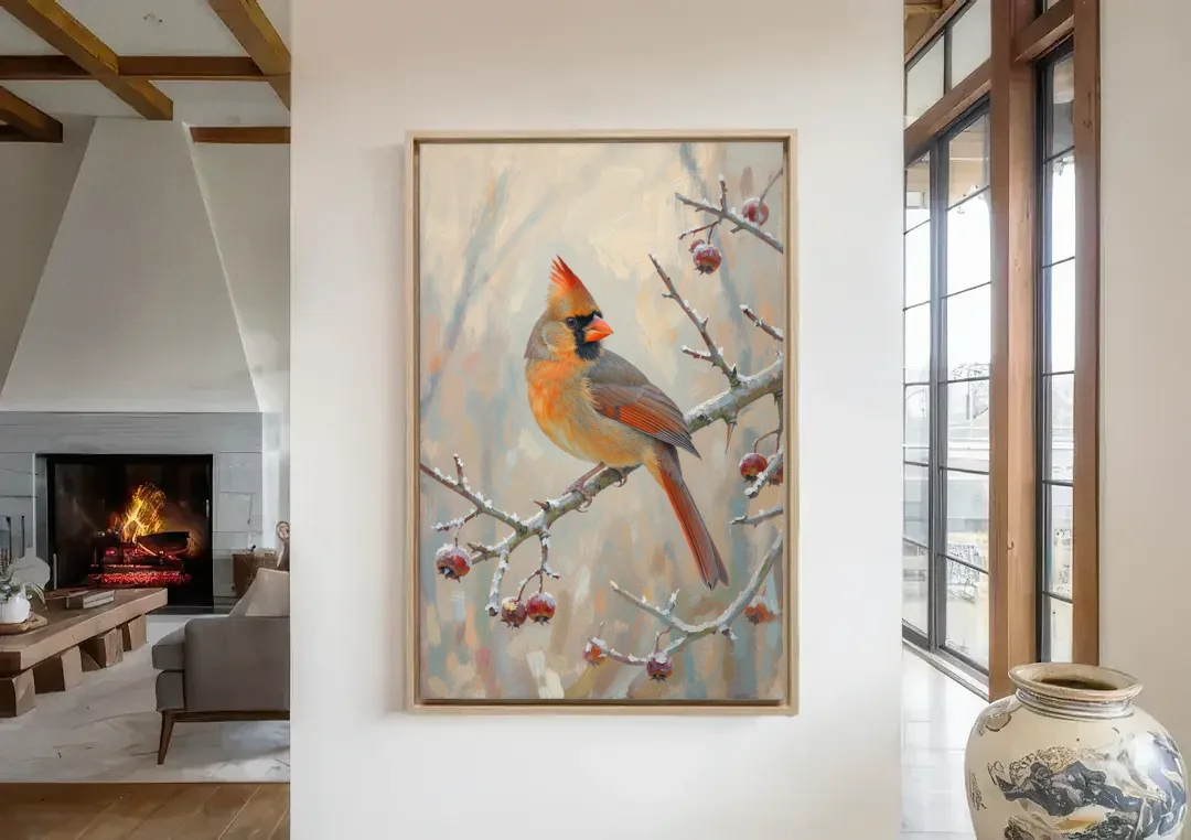 Winter Painting Canvas Cardinal on Frosted Hawthorn canvas wall art in a living room with a fireplace