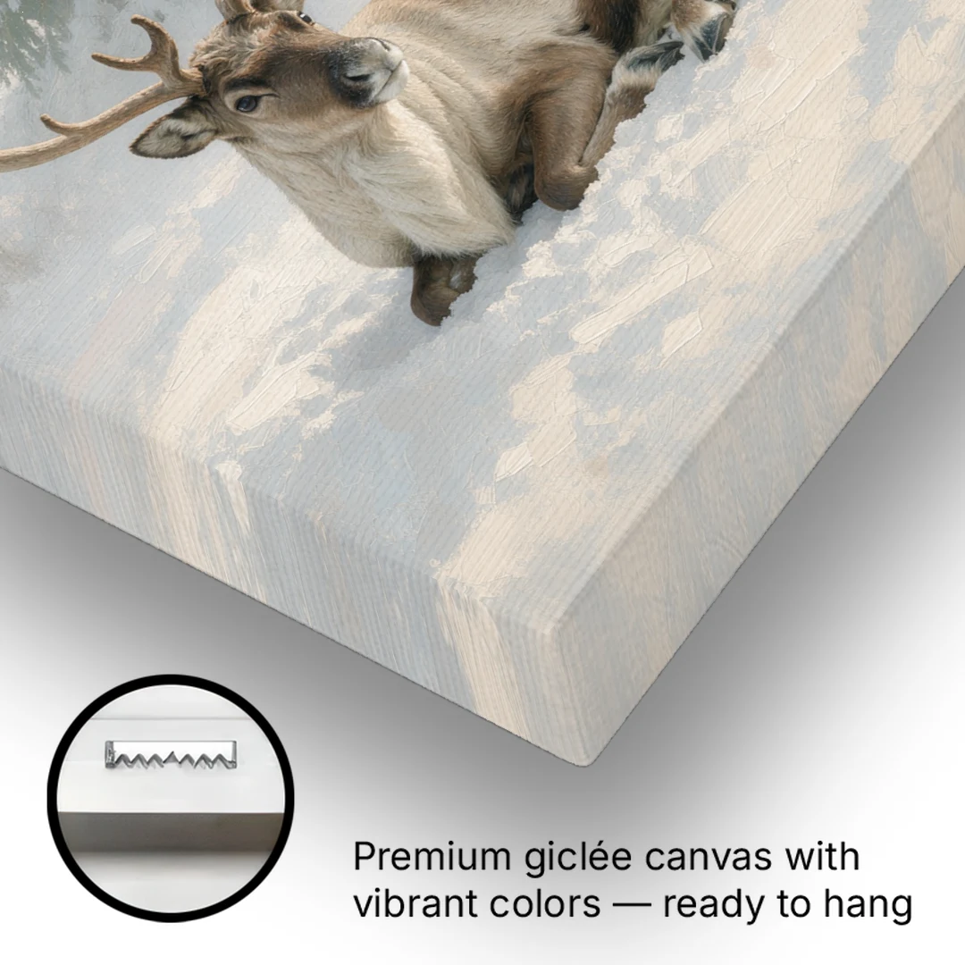 Winter Reindeer Resting Under the Spruce for the Living Room - Canvas Wall Art - Gallery Wrap Corner