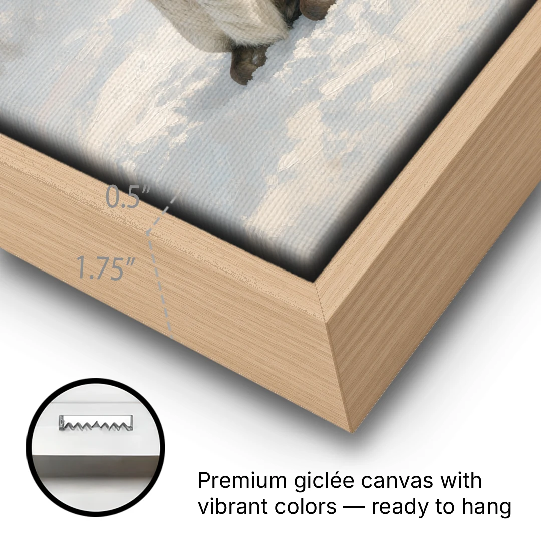 Winter Reindeer Resting Under the Spruce for the Living Room - Oak Framed Canvas Wall Art - Gallery Wrap Corner