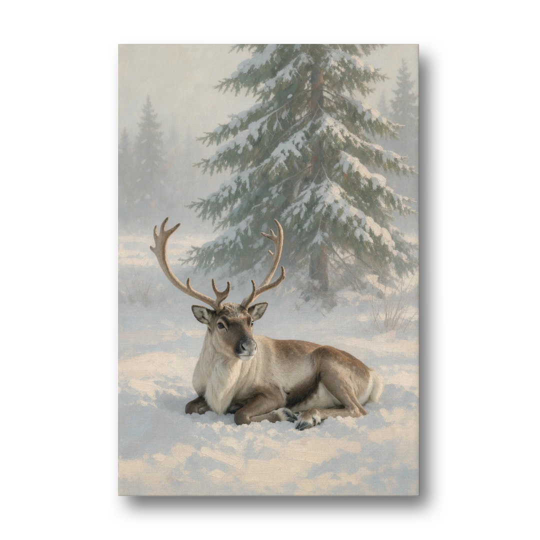Winter Reindeer Resting Under the Spruce for the Living Room - Canvas Wall Art - Front