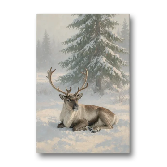 Winter Reindeer Resting Under the Spruce for the Living Room - Canvas Wall Art - Front