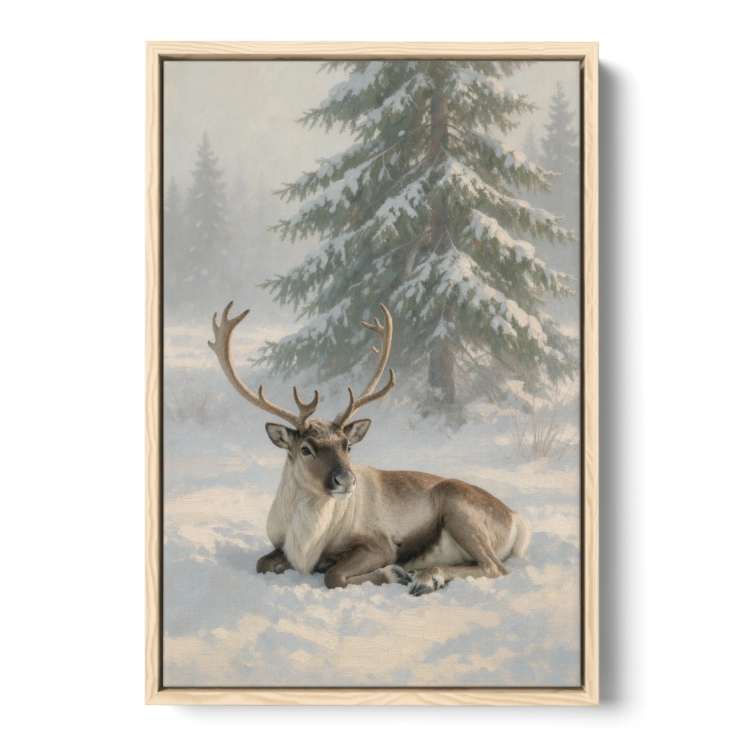 Winter Reindeer Resting Under the Spruce for the Living Room - Oak Framed Canvas Wall Art - Front