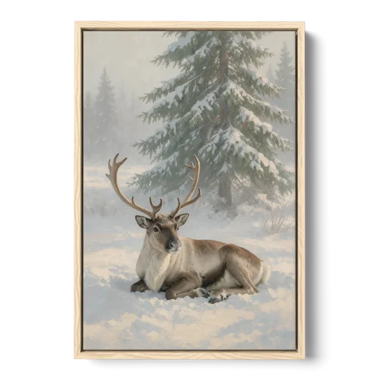 Winter Reindeer Resting Under the Spruce for the Living Room - Oak Framed Canvas Wall Art - Front