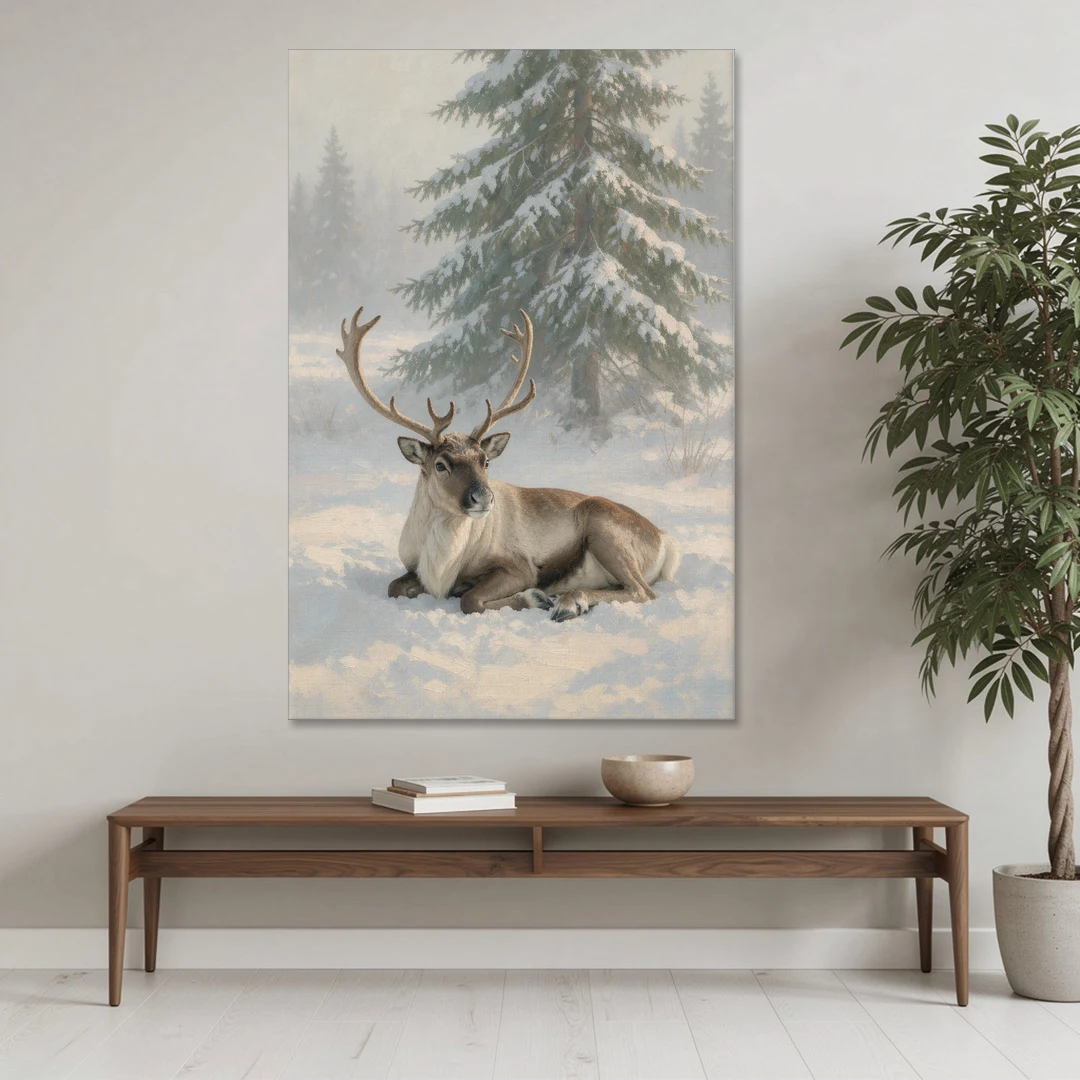 Winter Reindeer Resting Under the Spruce for the Living Room - Canvas Wall Art - Coffee Table - 40x60
