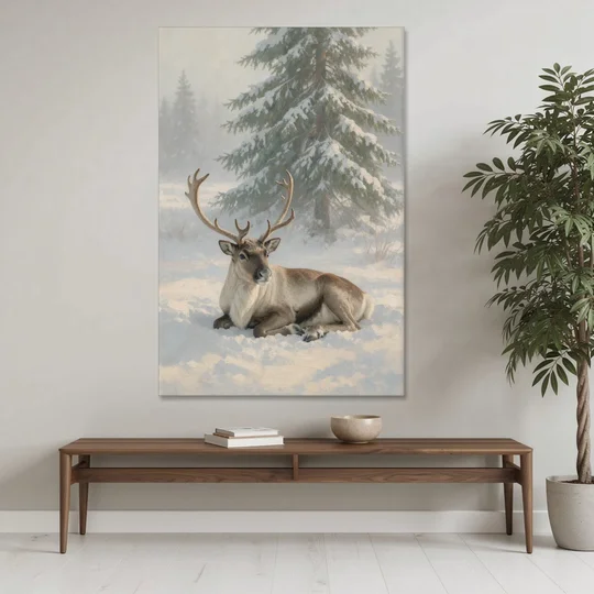 Winter Reindeer Resting Under the Spruce for the Living Room - Canvas Wall Art - Coffee Table - 40x60