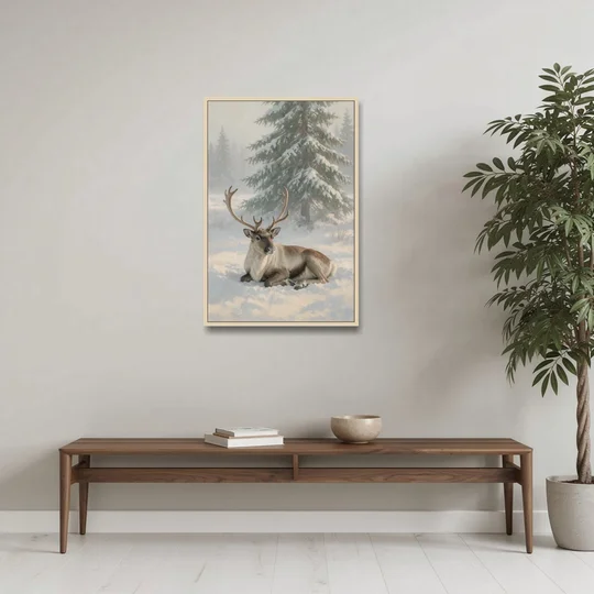 Winter Reindeer Resting Under the Spruce for the Living Room - Oak Framed Canvas Wall Art - Coffee Table - 24x36