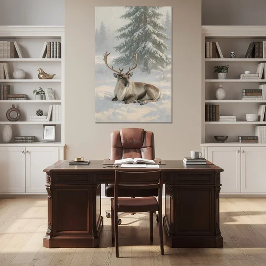 Winter Reindeer Resting Under the Spruce for the Living Room - Canvas Wall Art - Office - 40x60