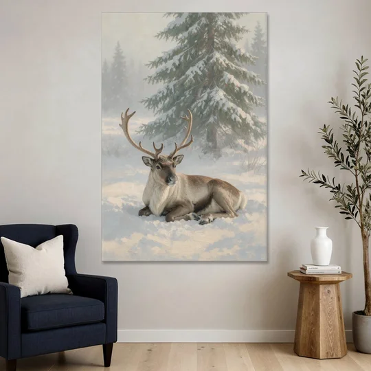 Winter Reindeer Resting Under the Spruce for the Living Room - Canvas Wall Art - Sofa - 40x60