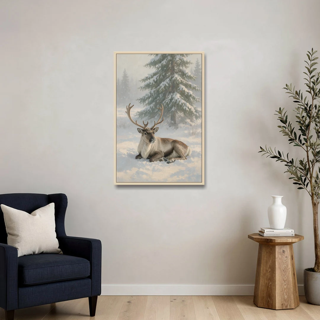 Winter Reindeer Resting Under the Spruce for the Living Room - Oak Framed Canvas Wall Art - Sofa - 24x36