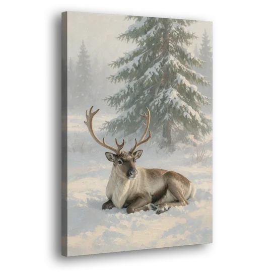 Winter Reindeer Resting Under the Spruce for the Living Room - Canvas Wall Art - Side