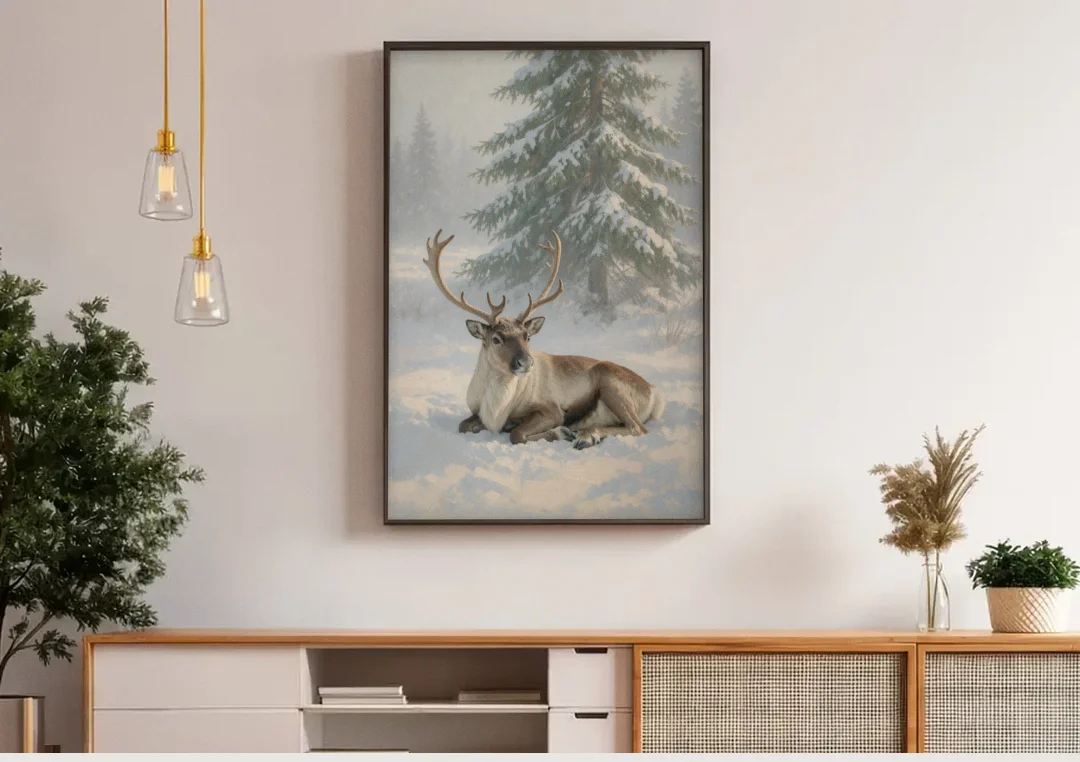Winter Reindeer Resting Under the Spruce for the Living Room canvas wall art above a wooden sideboard under pendant lights