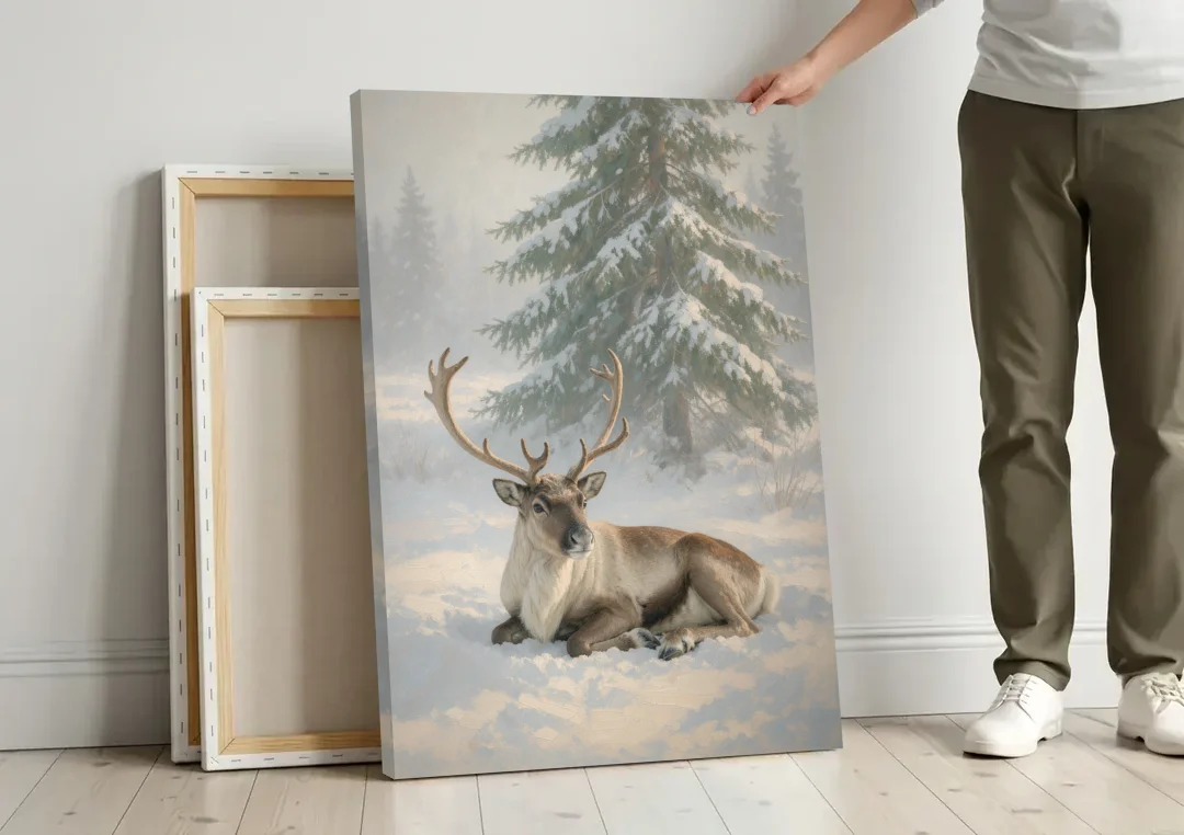 Winter Reindeer Resting Under the Spruce for the Living Room canvas wall art leaning against a wall next to blank canvases