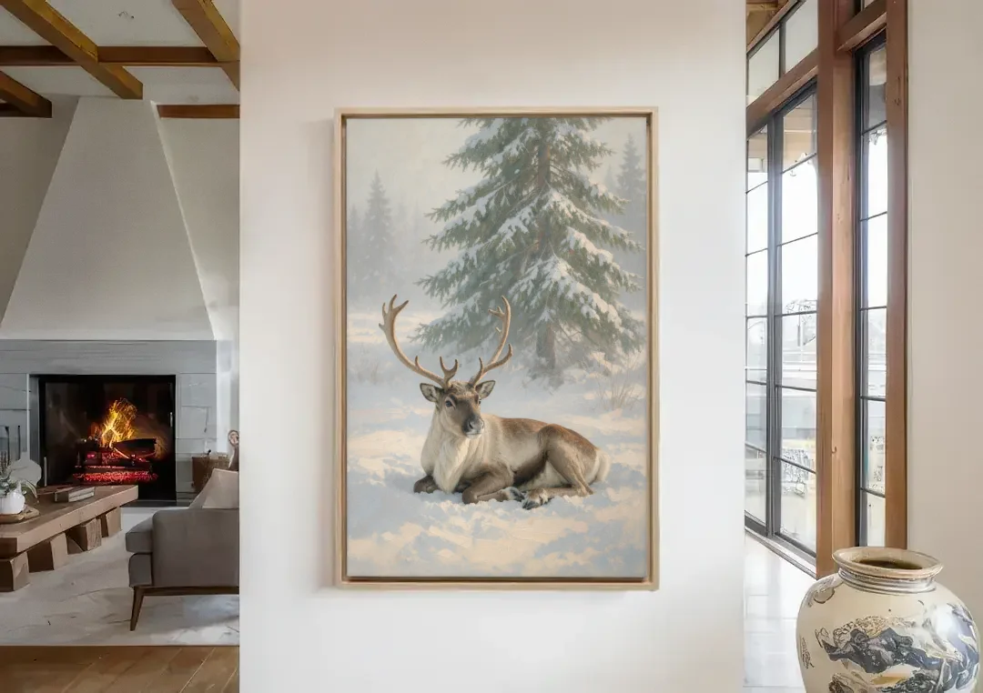 Winter Reindeer Resting Under the Spruce for the Living Room canvas wall art in a living room with a fireplace