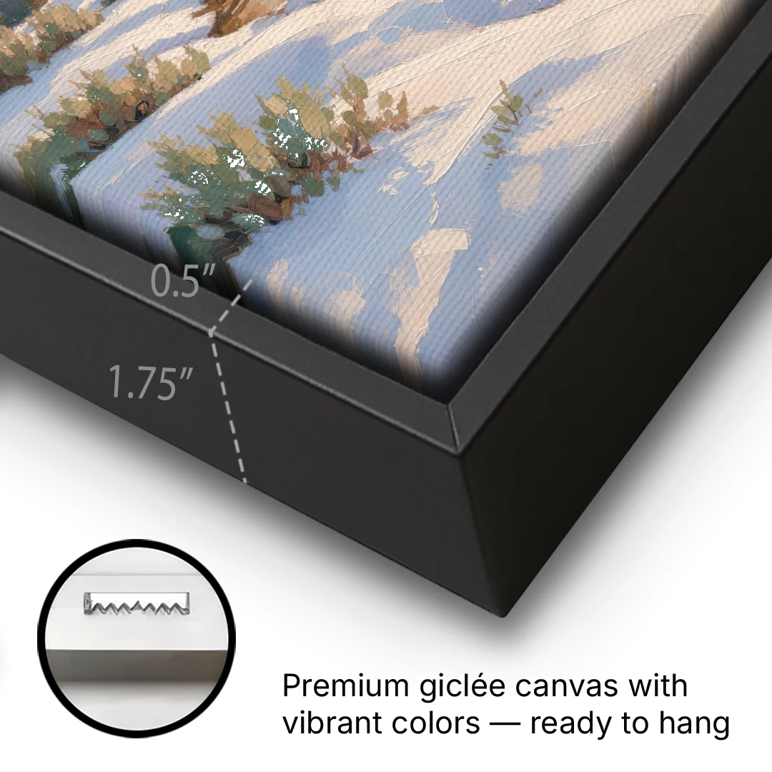 Winter River Painting at Dusk - Black Framed Canvas Wall Art - Gallery Wrap Corner