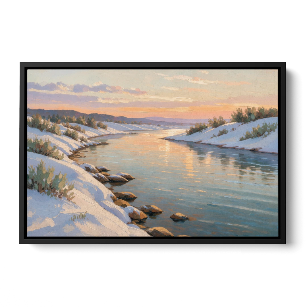 Winter River Painting at Dusk - Black Framed Canvas Wall Art - Front