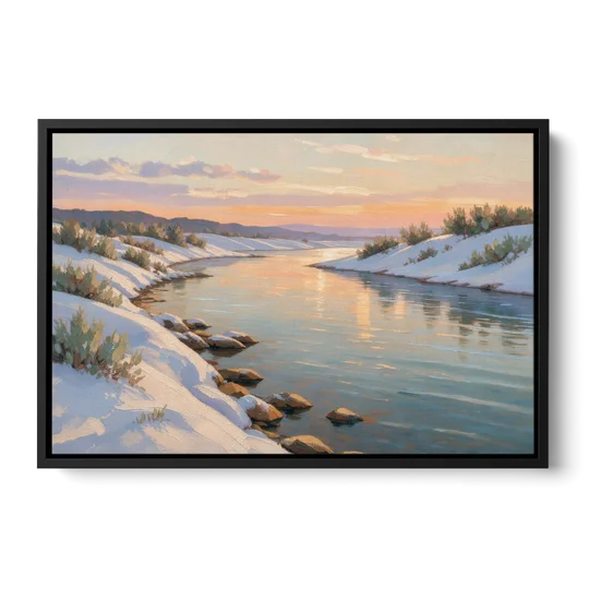 Winter River Painting at Dusk - Black Framed Canvas Wall Art - Front