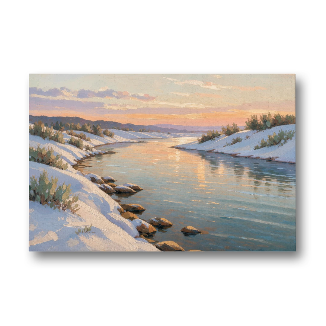 Winter River Painting at Dusk - Canvas Wall Art - Front
