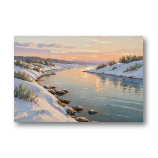 Winter River Painting at Dusk - Canvas Wall Art - Front