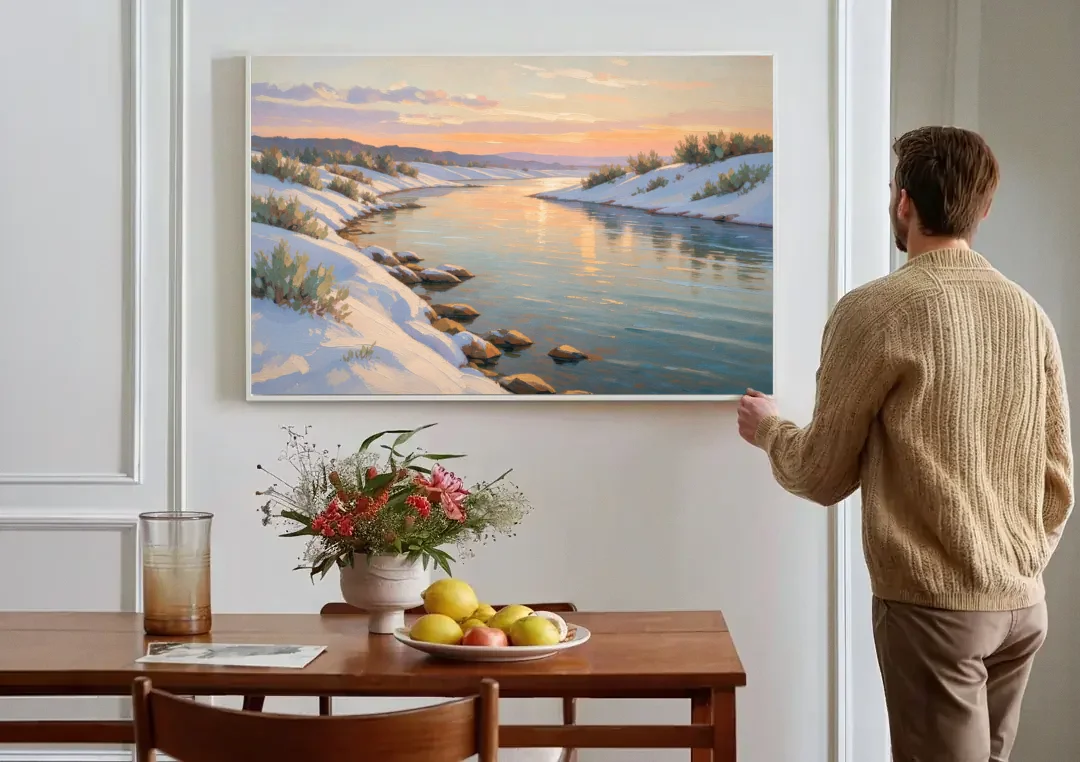 Winter River Painting at Dusk canvas wall art above a dining table