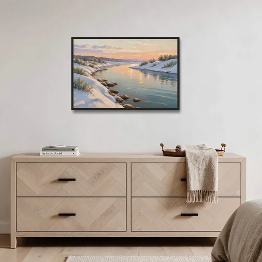 Winter River Painting at Dusk - Black Framed Canvas Wall Art - Coffee Table - 36x24
