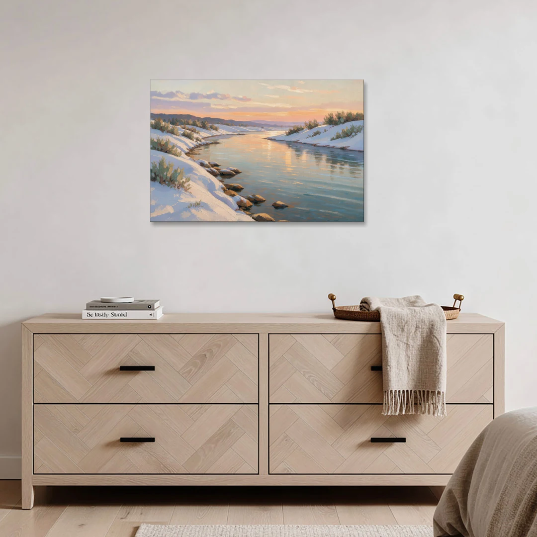 Winter River Painting at Dusk - Canvas Wall Art - Coffee Table - 36x24