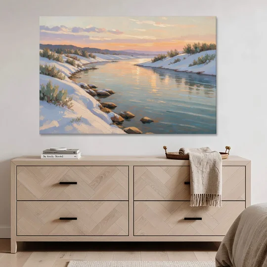 Winter River Painting at Dusk - Canvas Wall Art - Coffee Table - 60x40