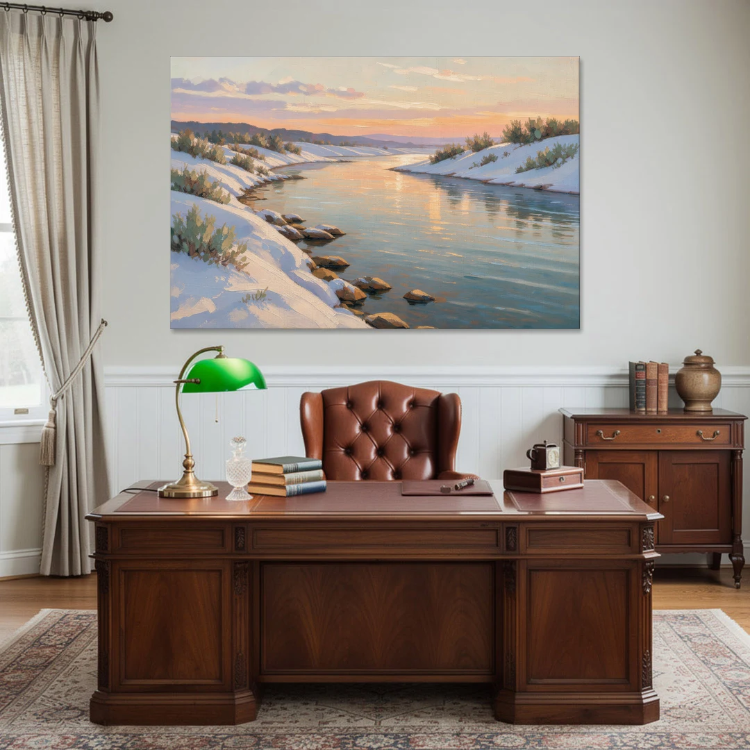 Winter River Painting at Dusk - Canvas Wall Art - Office - 60x40