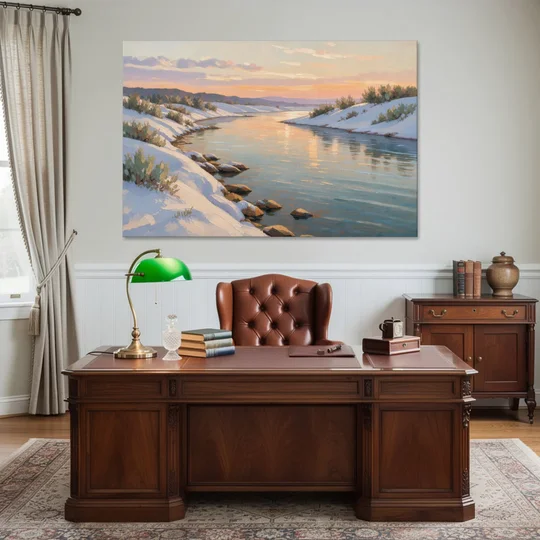 Winter River Painting at Dusk - Canvas Wall Art - Office - 60x40