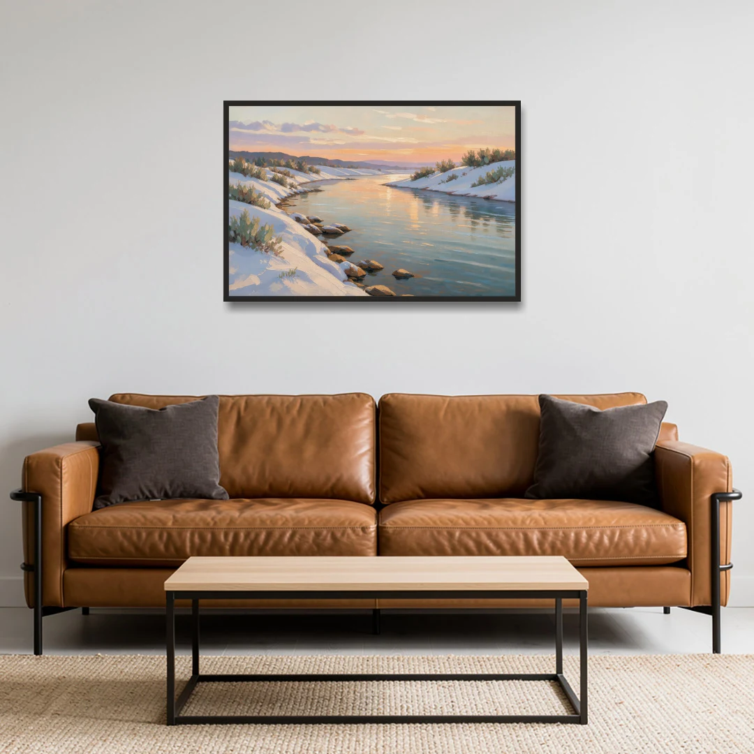 Winter River Painting at Dusk - Black Framed Canvas Wall Art - Sofa - 36x24