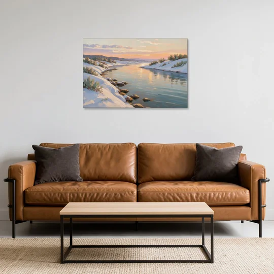 Winter River Painting at Dusk - Canvas Wall Art - Sofa - 36x24