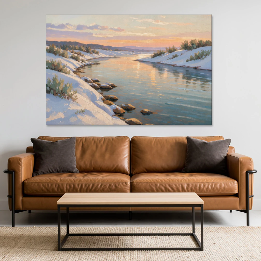 Winter River Painting at Dusk - Canvas Wall Art - Sofa - 60x40