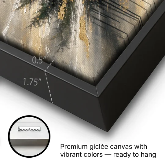 Contemporary Christmas Winter Tree in a Gold Blizzard - Black Framed Canvas Wall Art - Gallery Wrap Corner