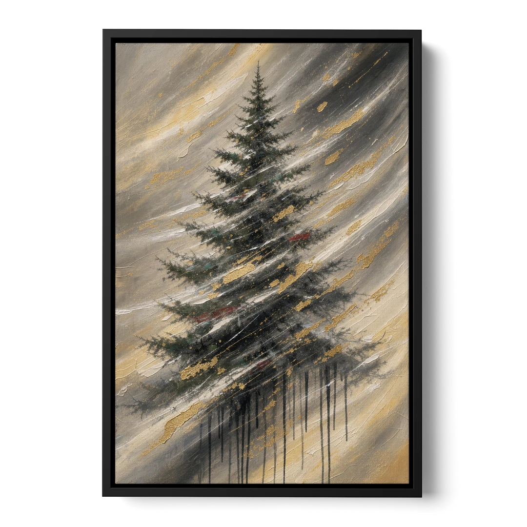 Contemporary Christmas Winter Tree in a Gold Blizzard - Black Framed Canvas Wall Art - Front