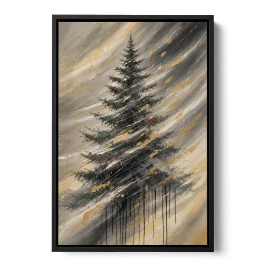Contemporary Christmas Winter Tree in a Gold Blizzard - Black Framed Canvas Wall Art - Front